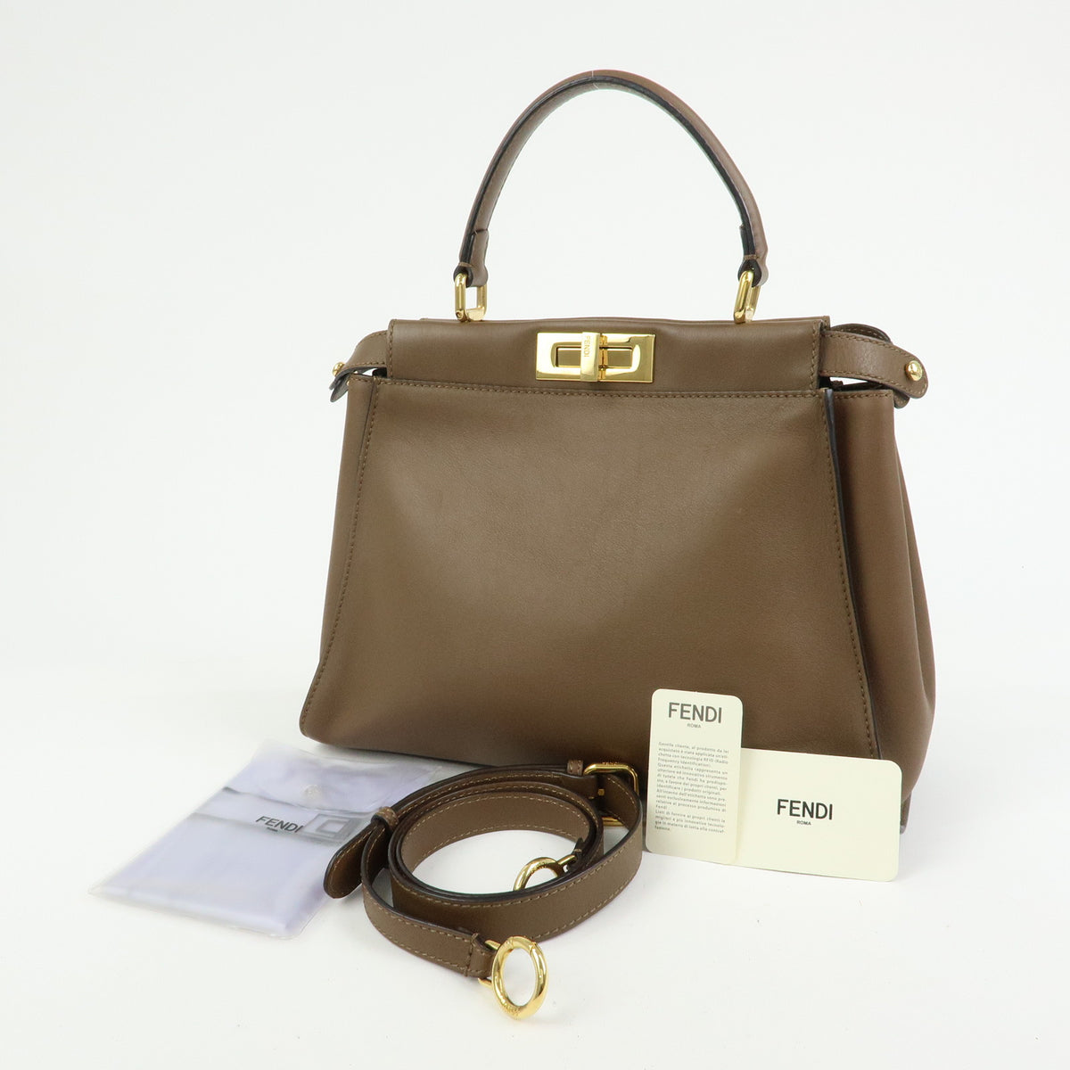 FENDI Peekaboo Pequin Leathe 2Way Hand Bag Shoulder Bag Brown 8BN290