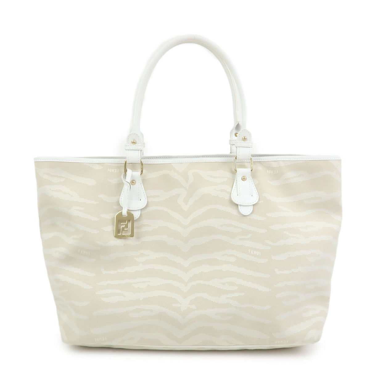 FENDI Canvas Leather Zebra Pattern Tote Bag Hand Bag Beige White 8BH115