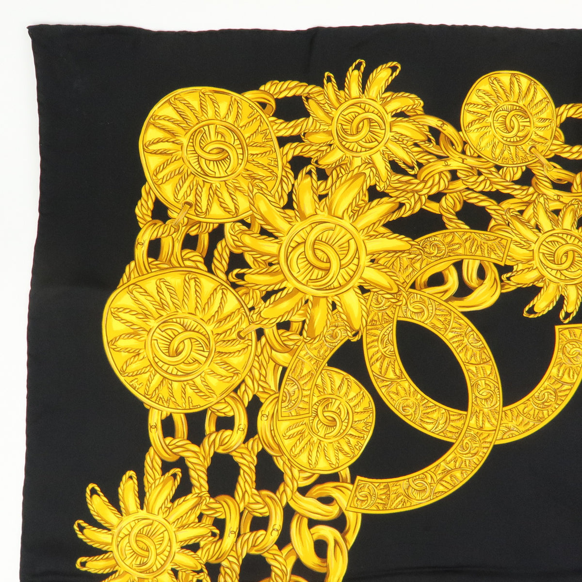 CHANEL COCO Mark Silk 100% Scarf Chain Black Gold