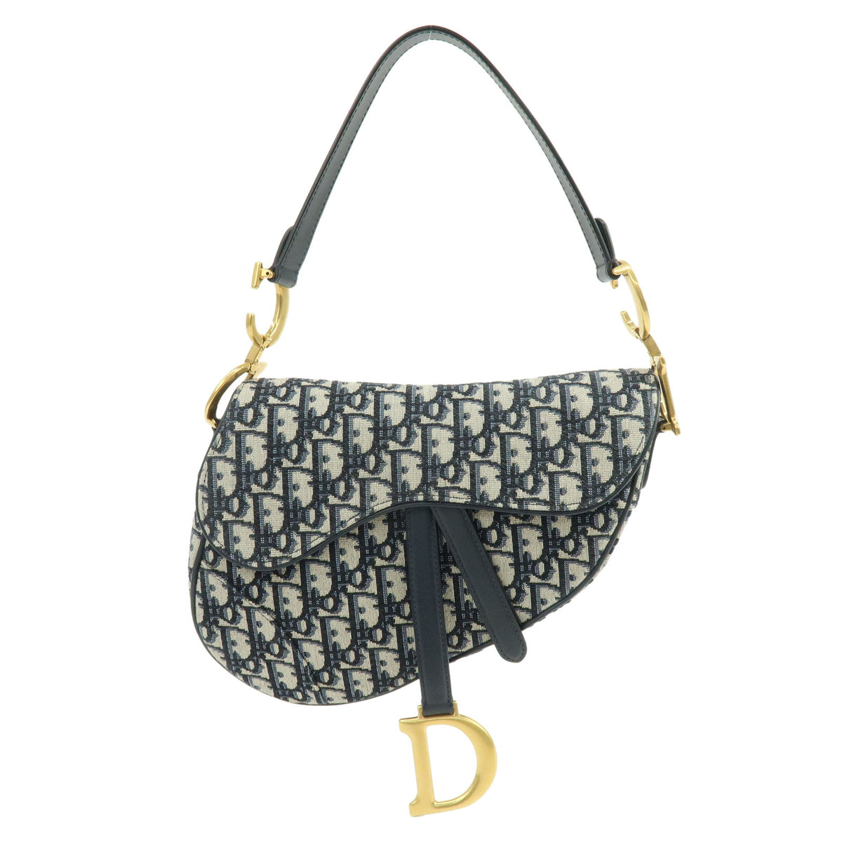 Christian Dior Saddle Oblique Jaquard Leather Shoulder Bag Navy Beige