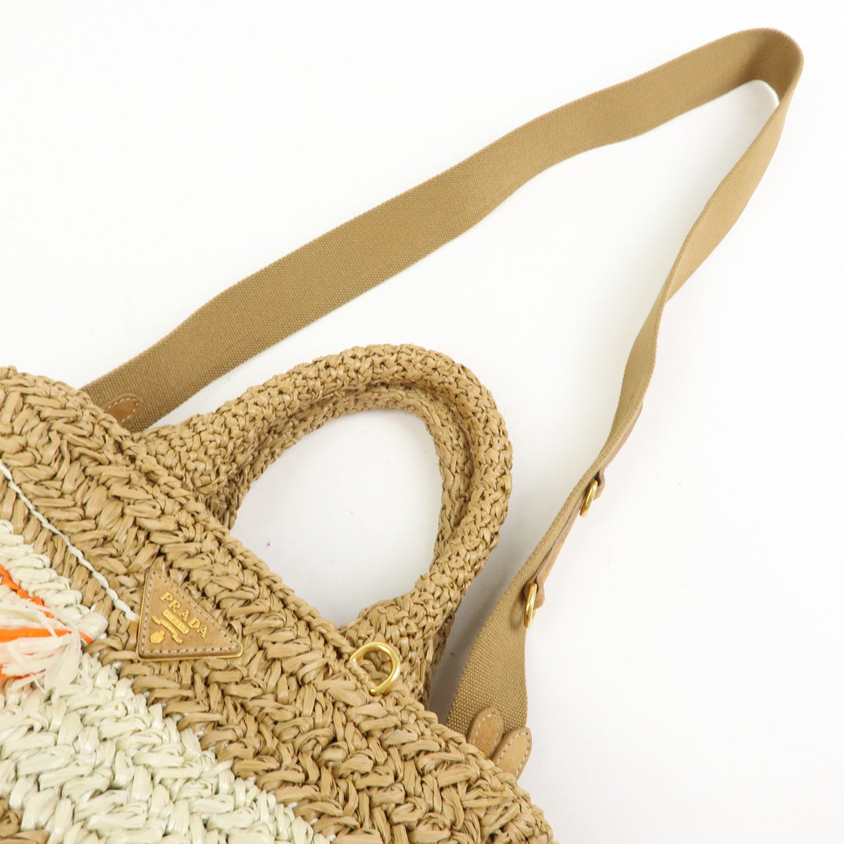 PRADA Canapa Triangle Logo Tricot Raffia 2Way Bag Camel Orange 1BG153