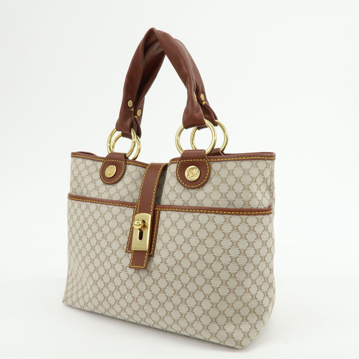 CELINE Macadam Canvas Leather Tote Bag Hand Bag Beige Brown