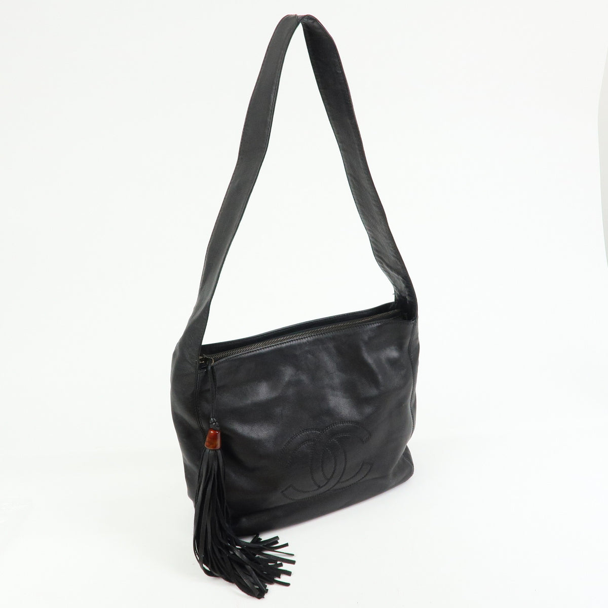CHANEL COCO Mark Lamb Skin Leather Shoulder Bag Tassel Black Brown