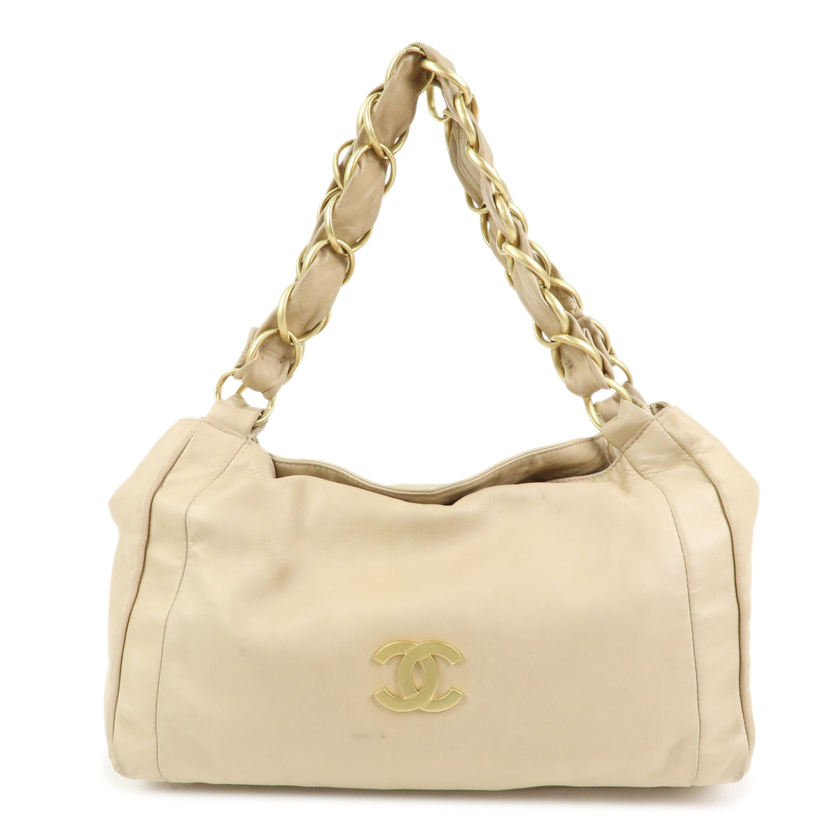 CHANEL COCO Mark Lamb Skin Chain Shoulder Bag Hand Bag Beige