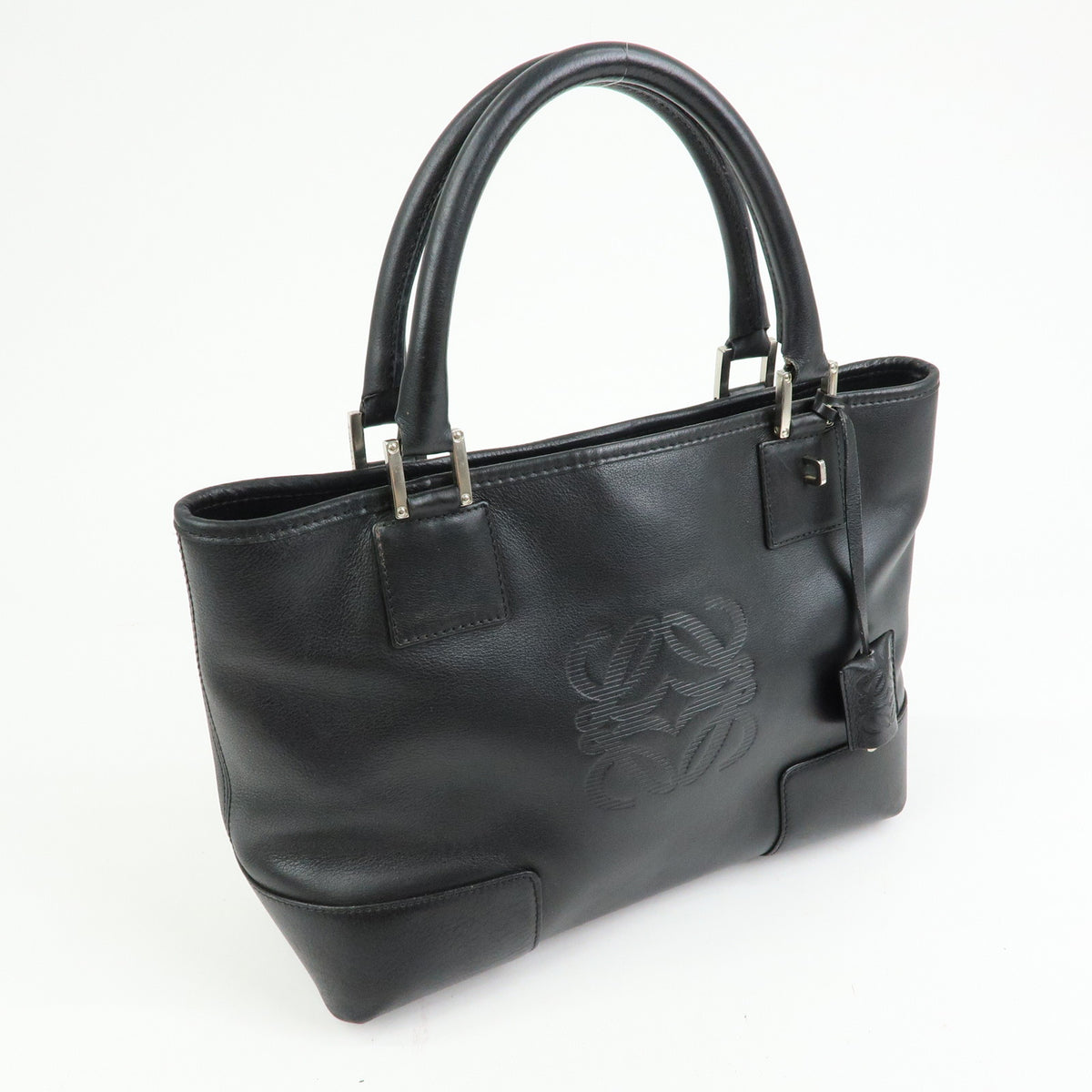 LOEWE Anagram Amazona Fusta Leather Tote Bag Hand Bag Black Silver