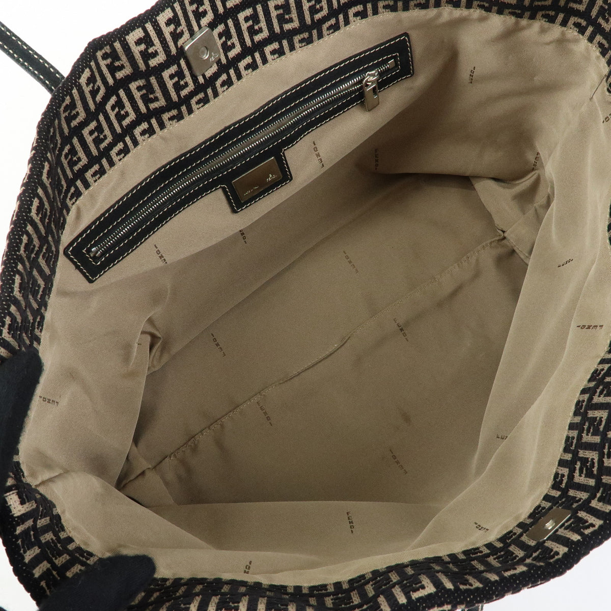 FENDI Zucchino Canvas Leather Tote Bag Shoulder Bag Black Beige 8BH005