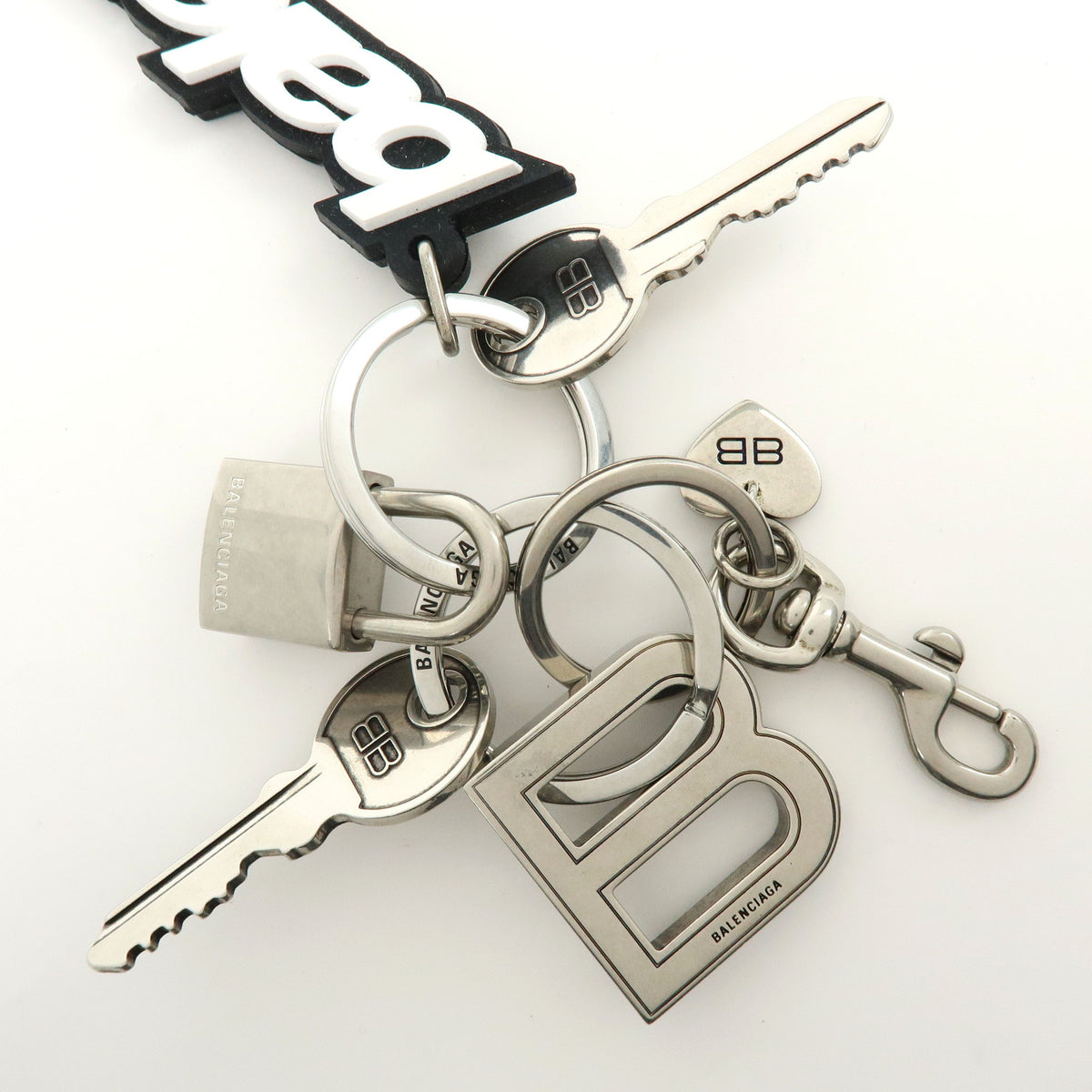 BALENCIAGA Kit Rubber Brass Bag Charm Key Chain Black White