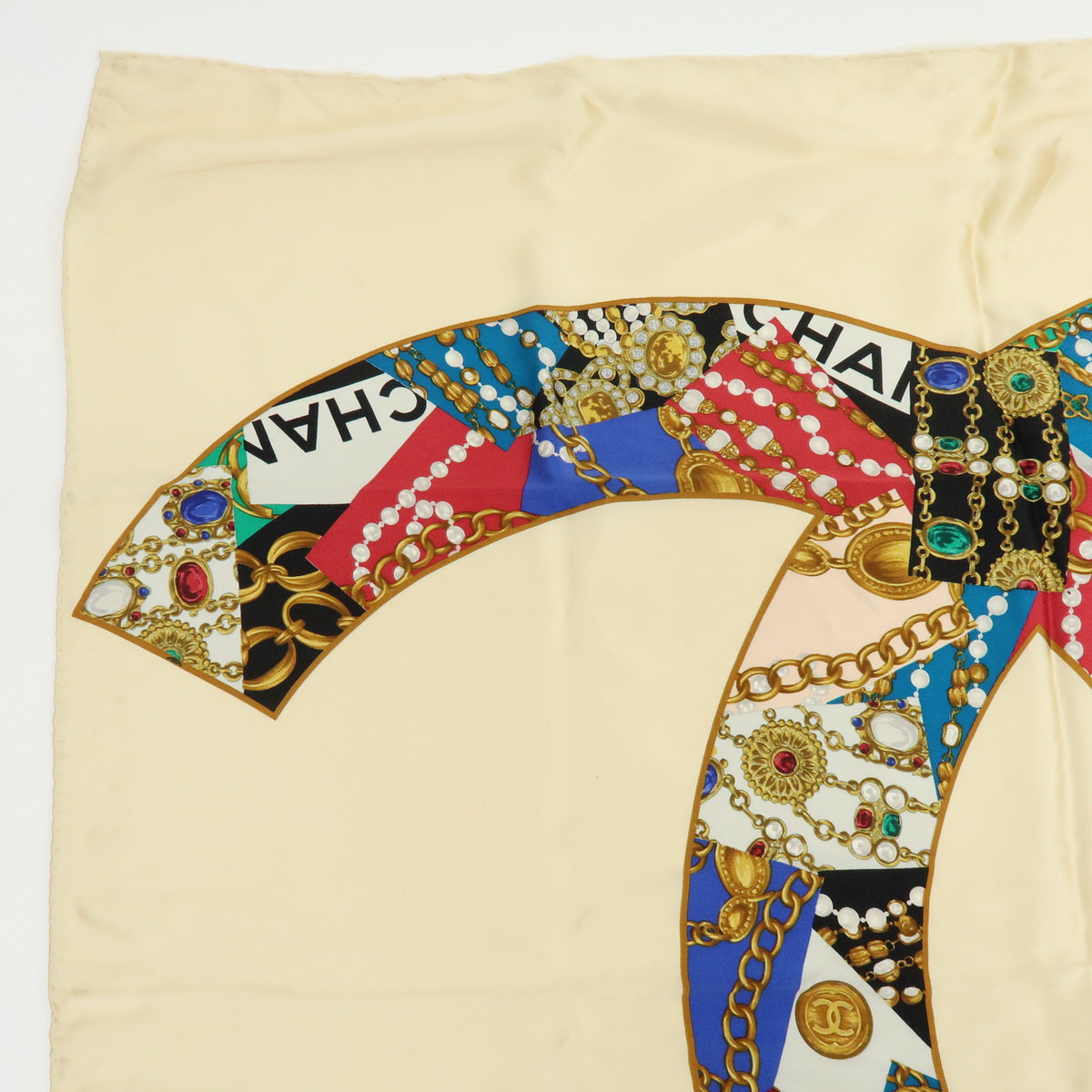 CHANEL COCO Mark Silk 100% Scarf Jewelry Motif Beige Multicolor
