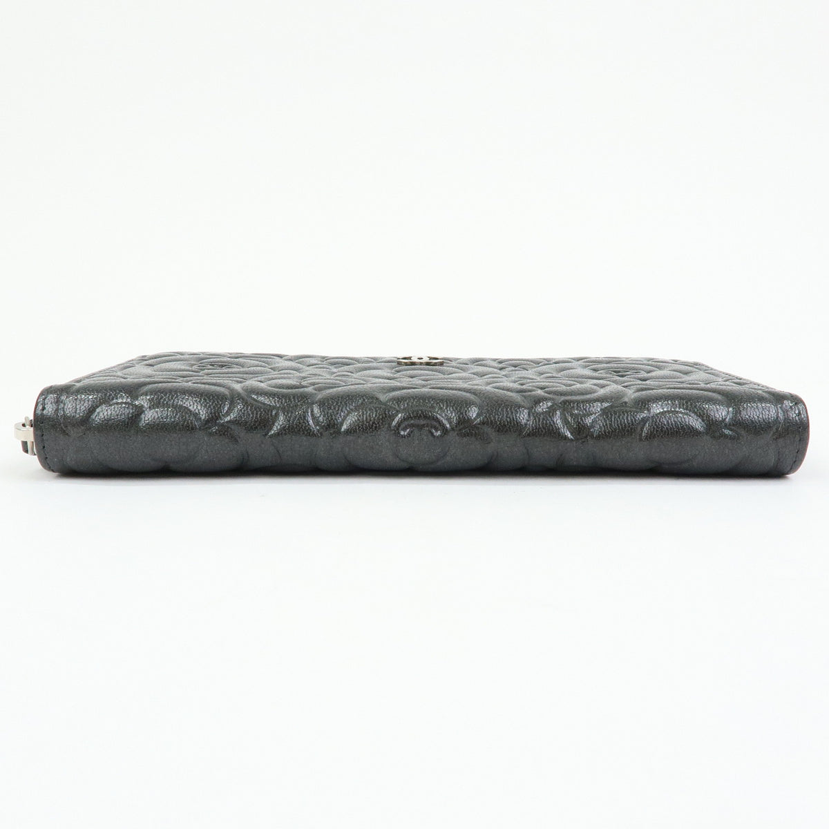 CHANEL Camellia COCO Mark Calf Leather Round Zippy Wallet Grey A82281