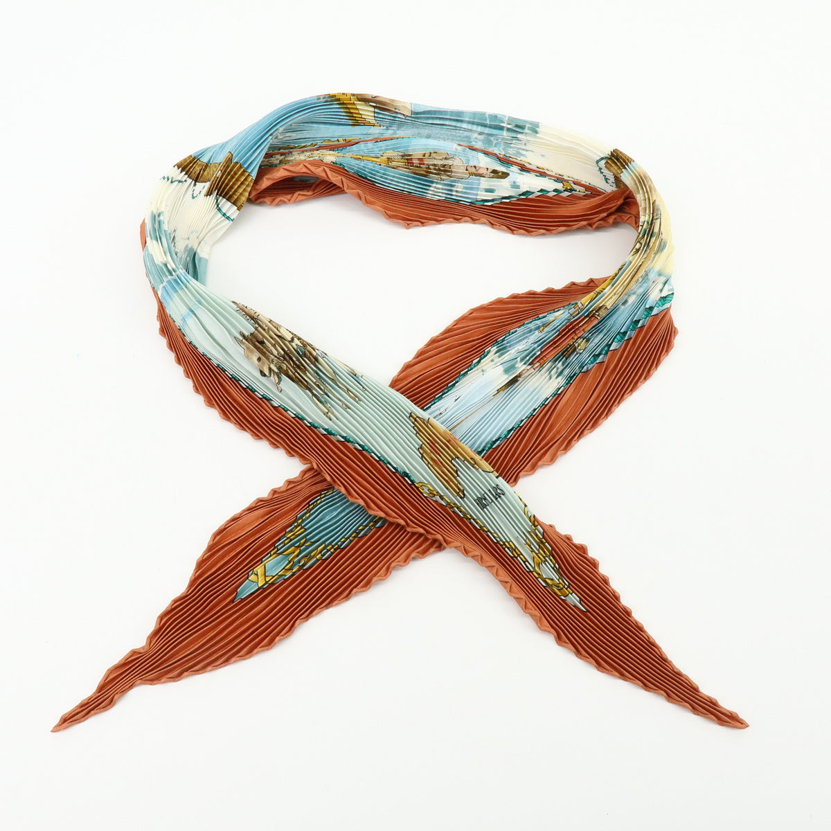 HERMES Silk100% Pleated Carre Scarf GRONLAND Brown Light Blue