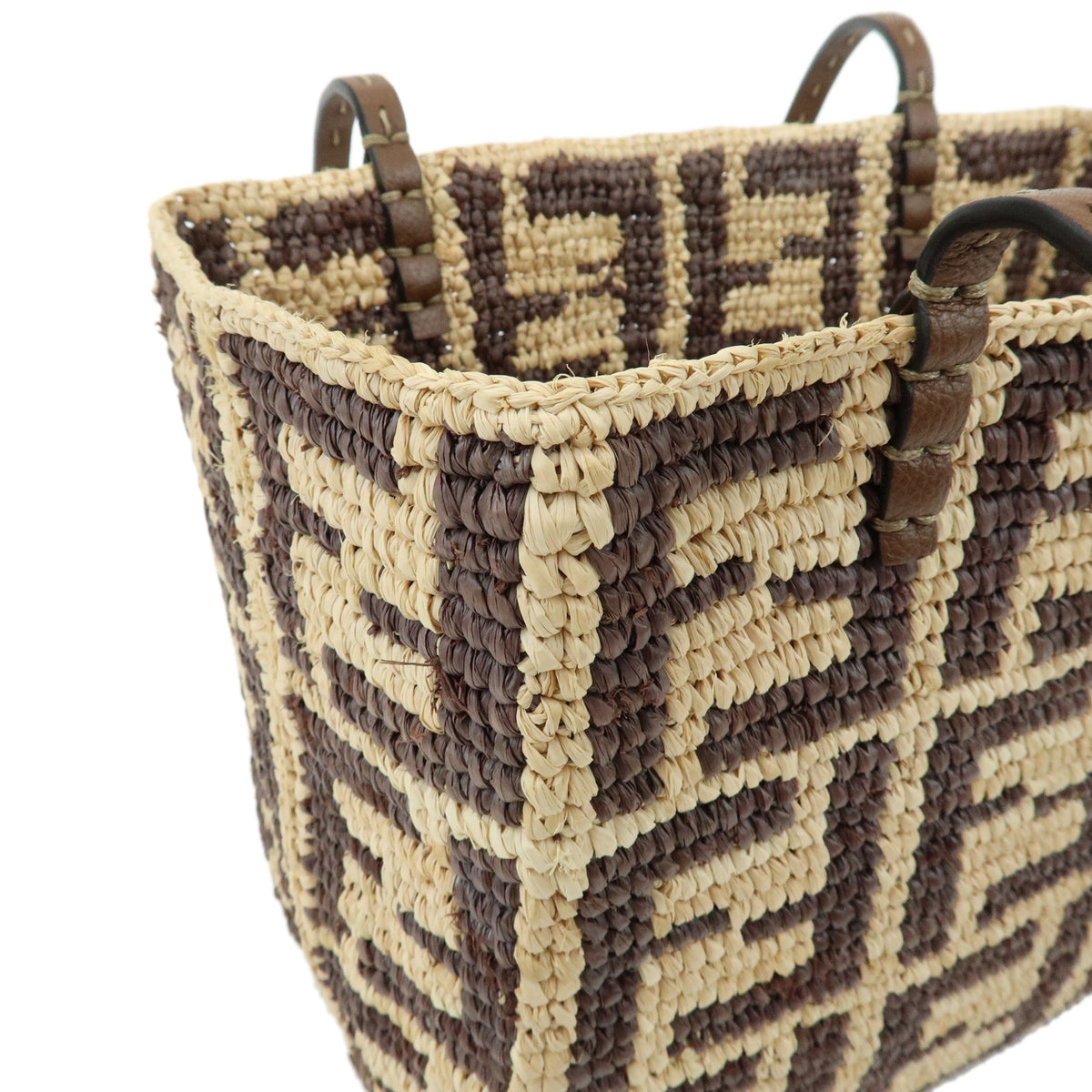 FENDI Zucca Roll Small Raffia Leather Tote Shoulder Bag Brown 8BH424