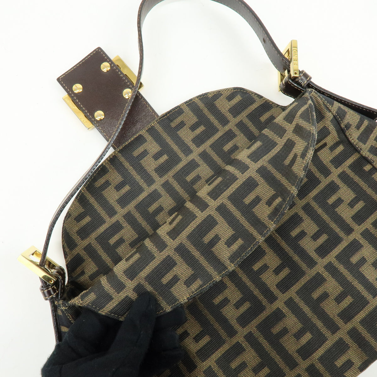 FENDI Zucca Jaquard Canvas Leather Shoulder Bag Hand Bag Brown