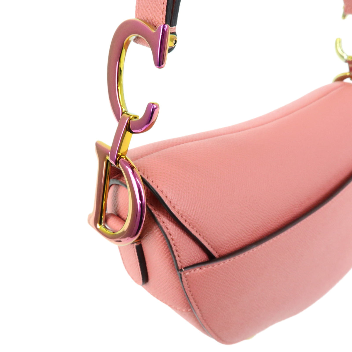 Christian Dior CD Logo Saddle Bag Leather Shoulder Bag Hand Bag Pink