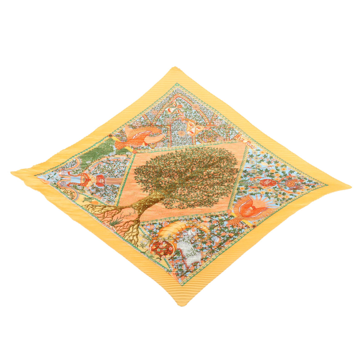 HERMES Pleated Carre Silk 100% Scarf AXIS MUNDI Orange