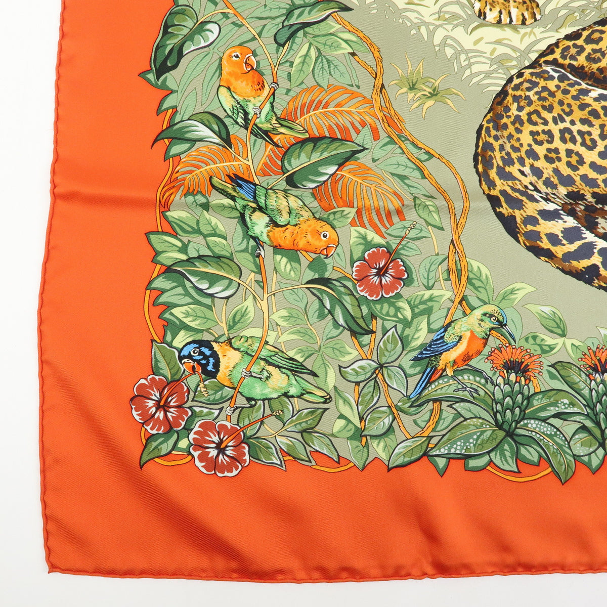 HERMES Carre 90 Silk 100% Scarf JUNGLE LOVE Red Green Ivory