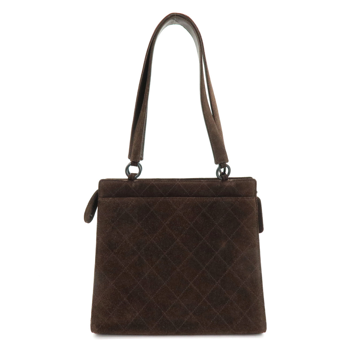 CHANEL Logo Plate Quilting Suede Leather Shoulder Bag Dark Brown Black