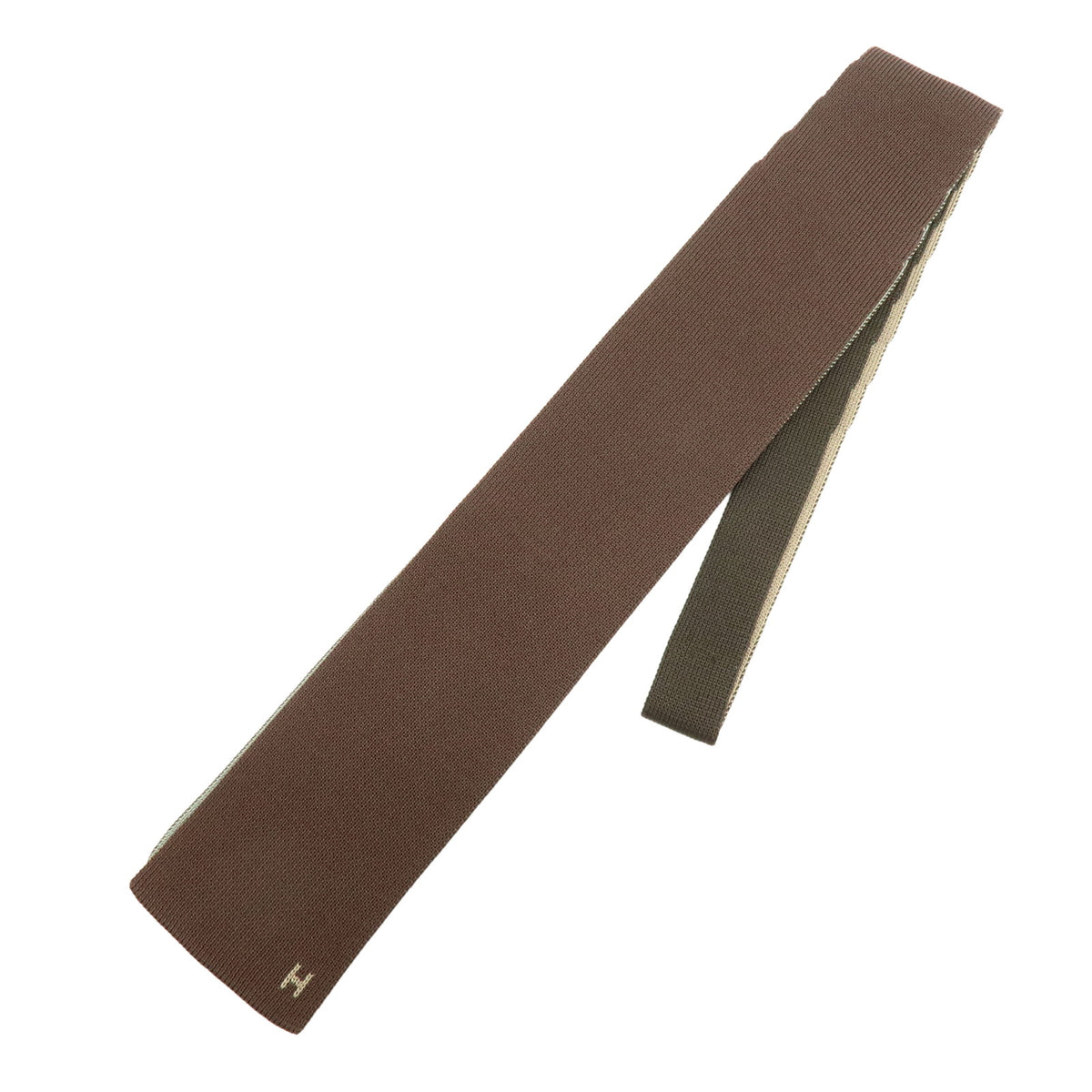 HERMES Silk 100% Knit Tie Brown Beige Green