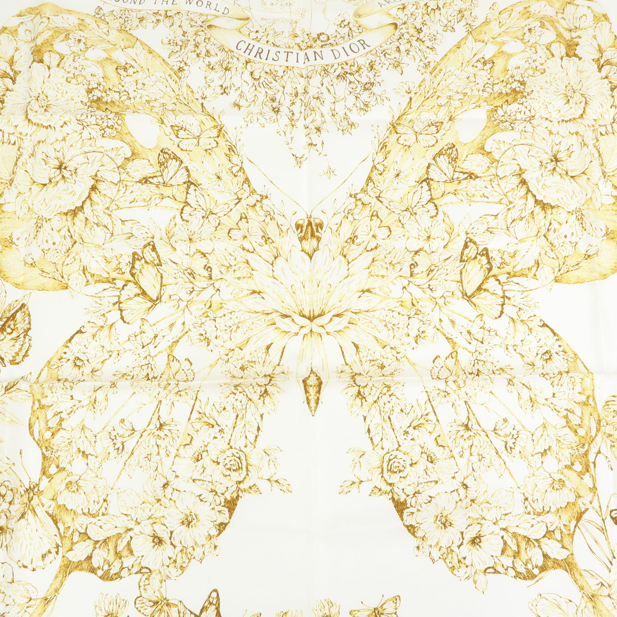 Christian Dior Silk 100% Gold Butterfly Pattern Scarf White Gold