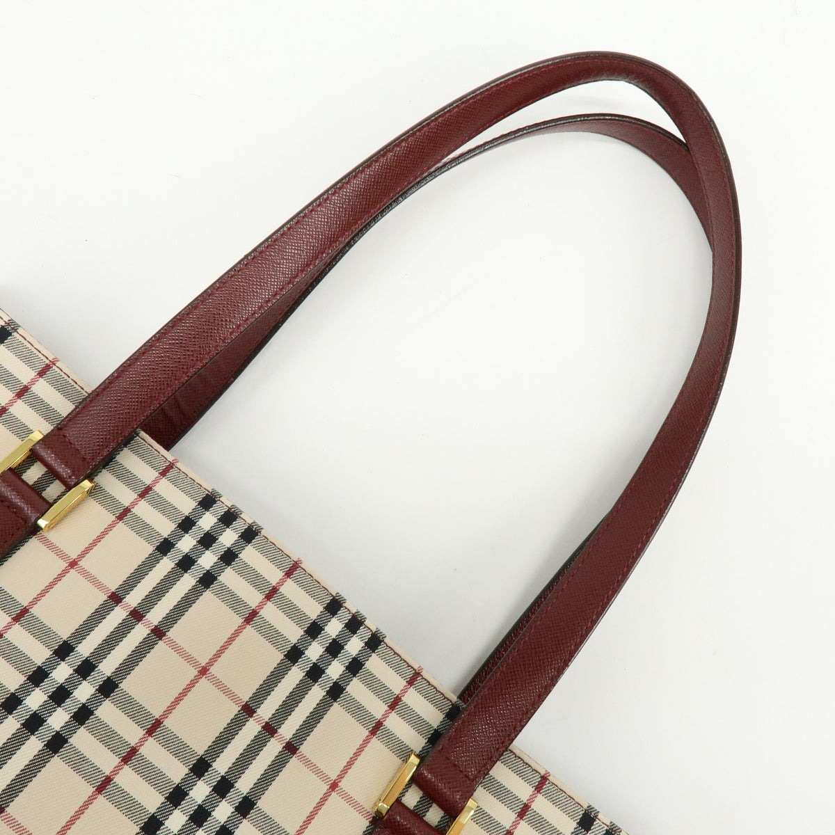 BURBERRY Nova Plaid Canvas Leather Tote Bag Shoulder Bag Beige Wine Red