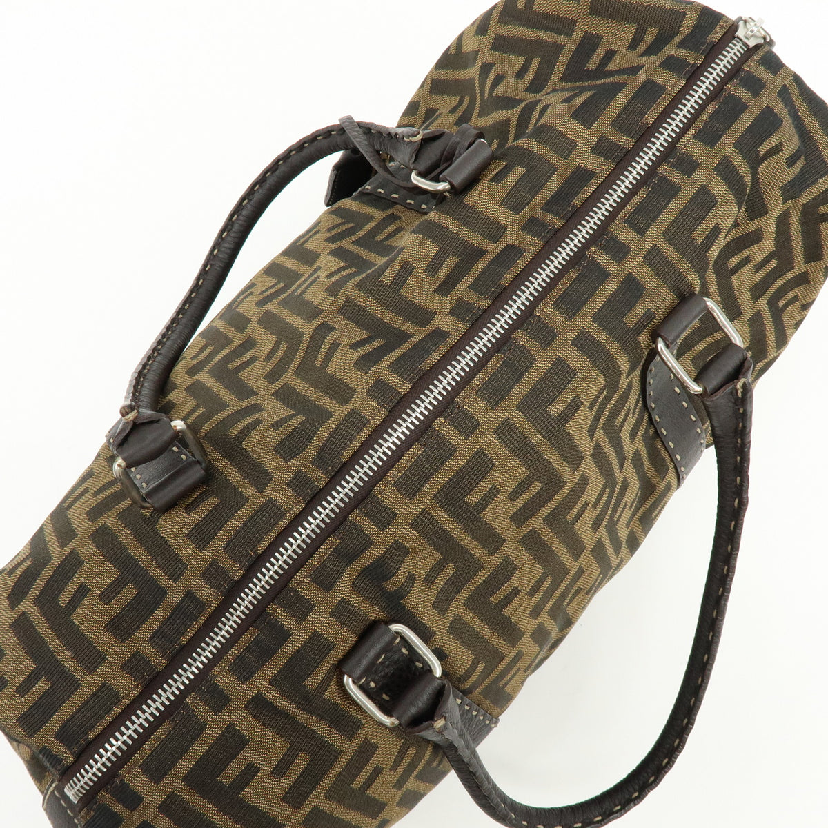 FENDI Zucca Selleria Jacquard Leather Shoulder Bag Boston Bag Brown