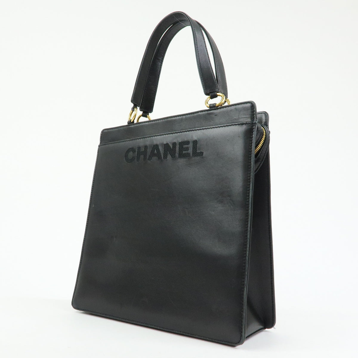 CHANEL Logo Lamb Skin Tote Bag Hand Bag Black