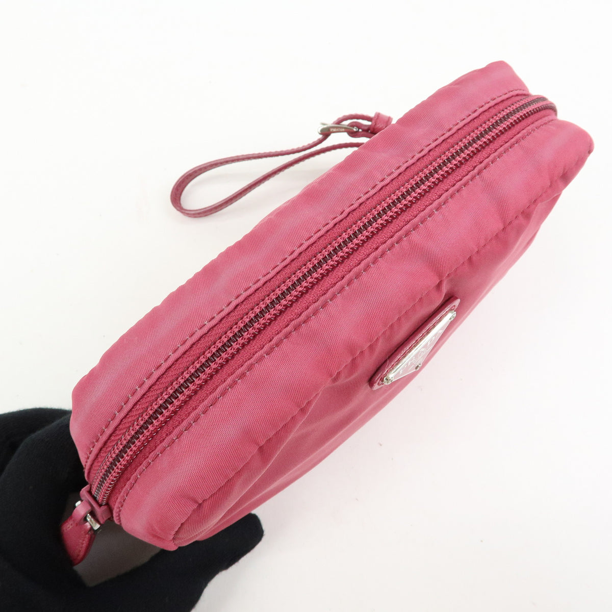PRADA Triangle Logo Nylon Saffiano Leather Cosmetic Pouch Pink 1N0340