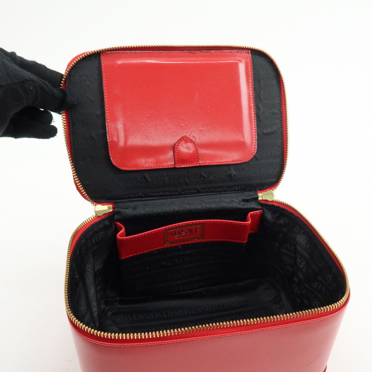 GIANNI VERSACE Leather Hand Bag Vanity Case Sunburst Charm Red