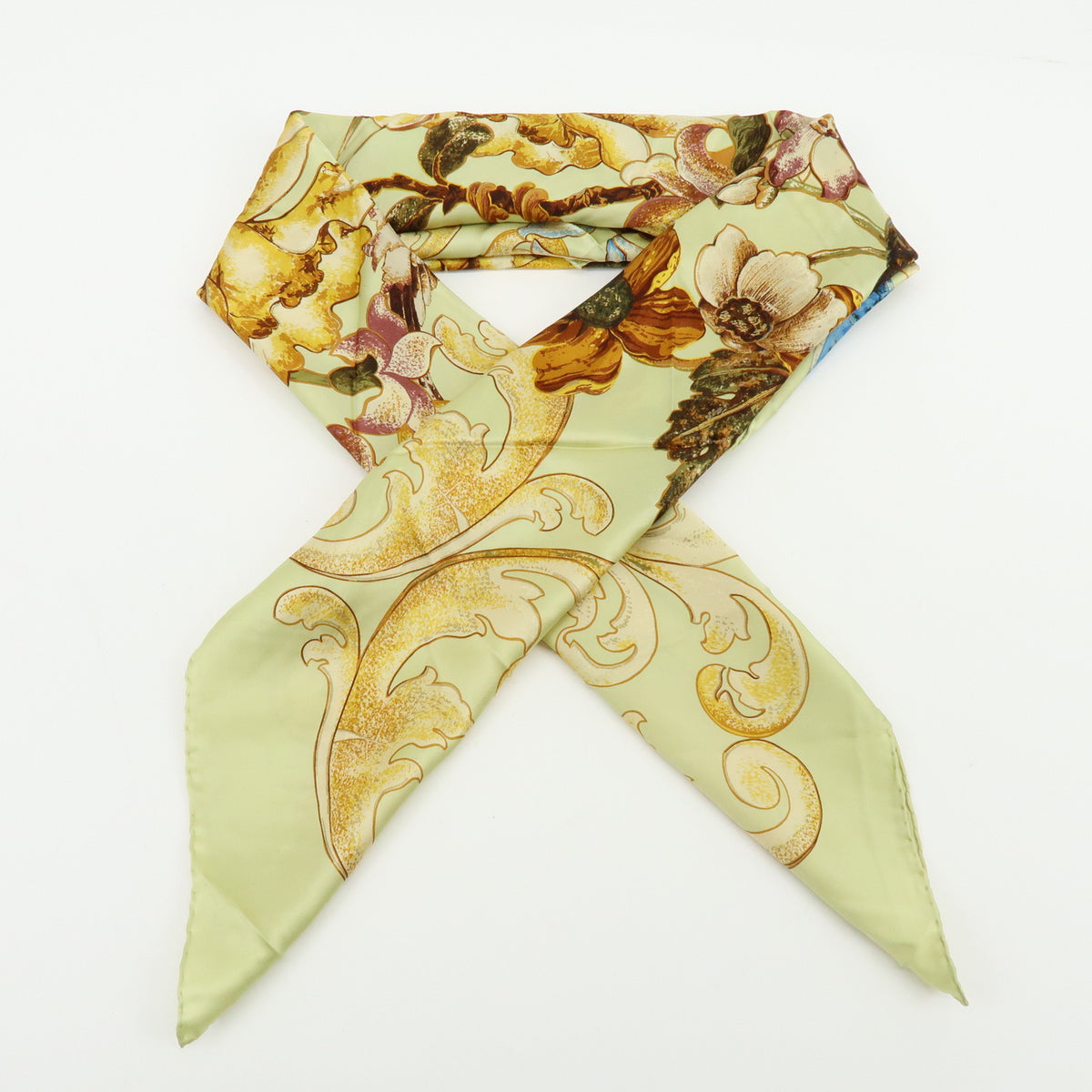 CHANEL Silk100% Sunflower Pattern Scarf Shawl Light Green