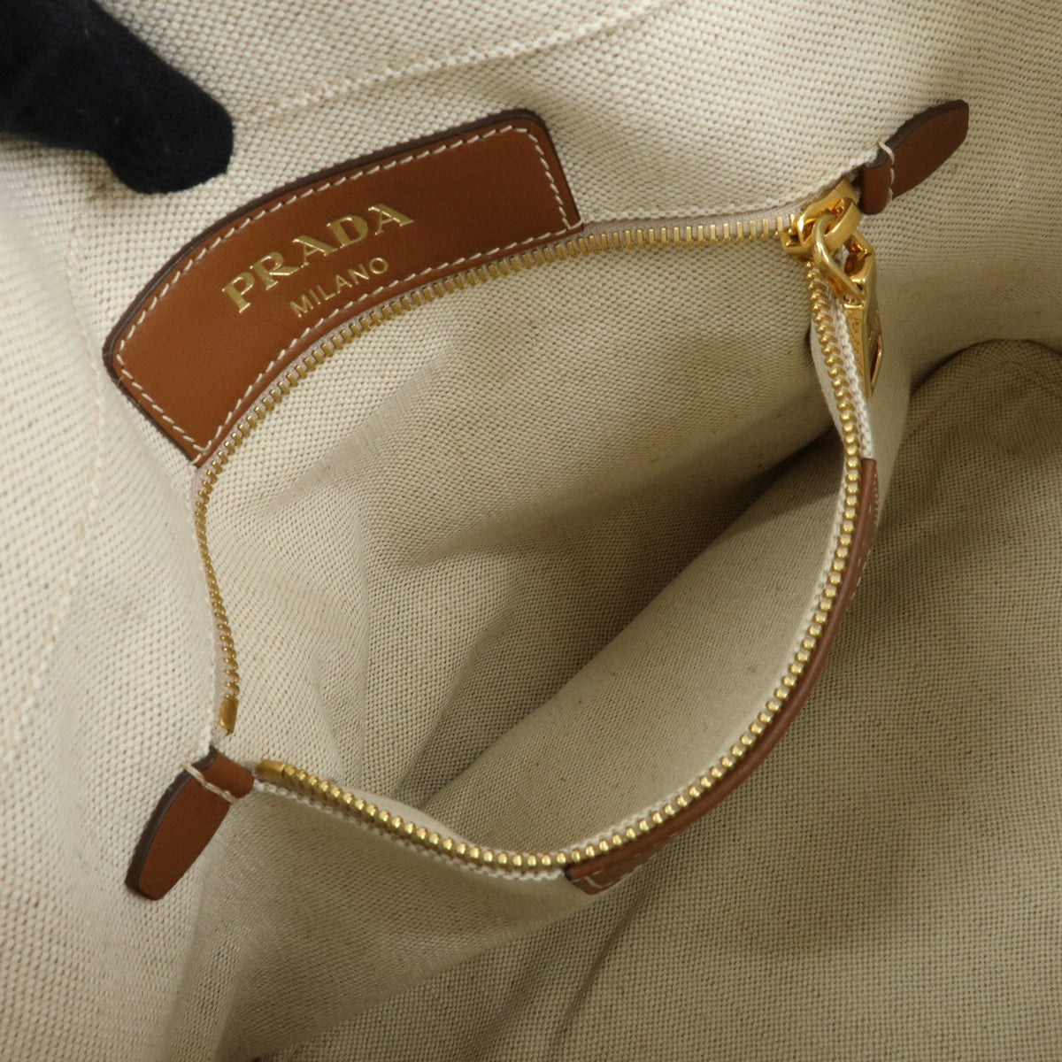 PRADA Logo Linen Leather Tote Bag Shoulder Bag Natural Brown 1BG356