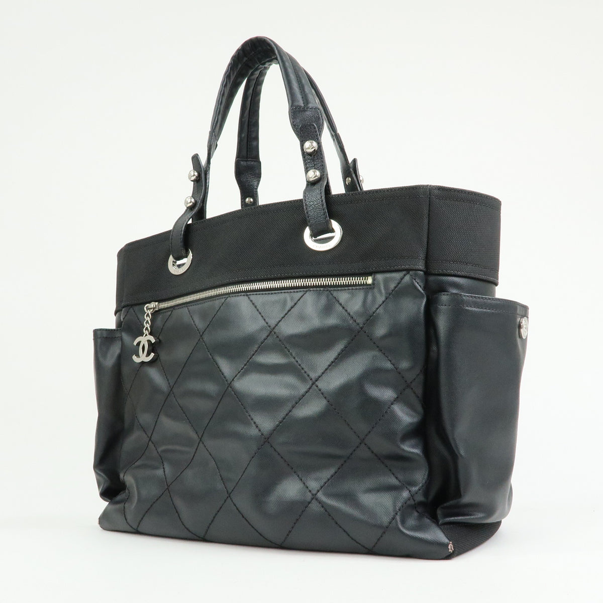 CHANEL Paris Biarritz GM PVC Canvas Leather Tote Bag Hand Bag MM A34210