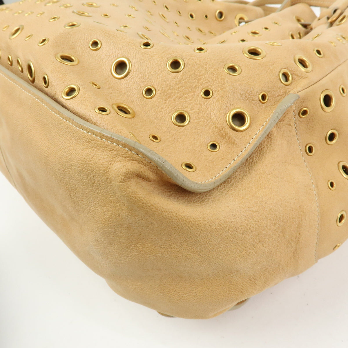 PRADA Triangle Logo Perforated Leather Tote Bag Tassel Beige BR3552