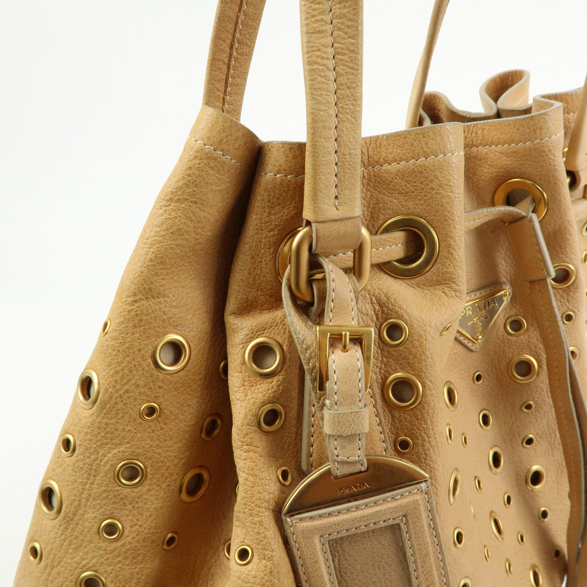 PRADA Triangle Logo Perforated Leather Tote Bag Tassel Beige BR3552