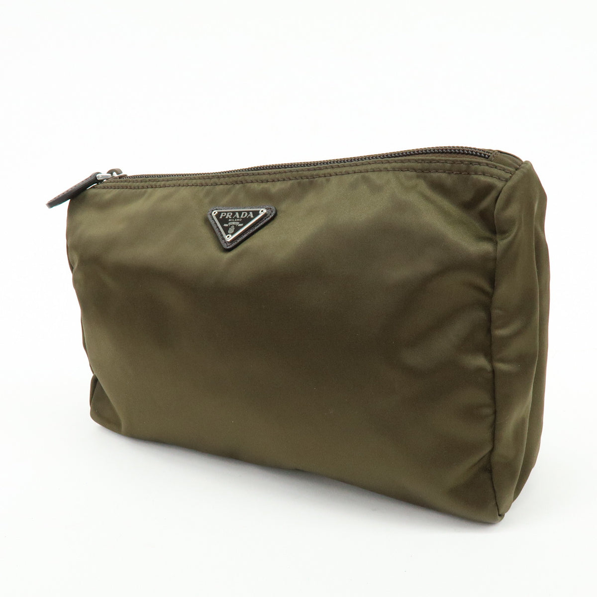 PRADA Triangle Logo Nylon Cosmetic Pouch Makeup Case Khaki Brown 1NA012