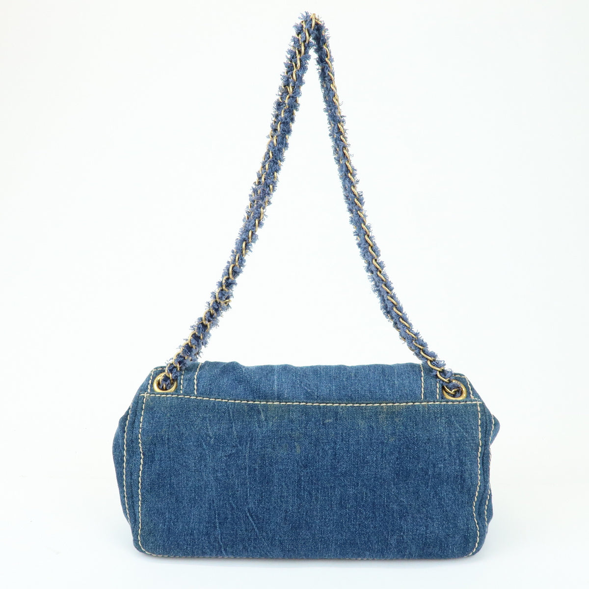 PRADA Front Flap Denim Leather Chain Shoulder Bag Blue Camel BR4659