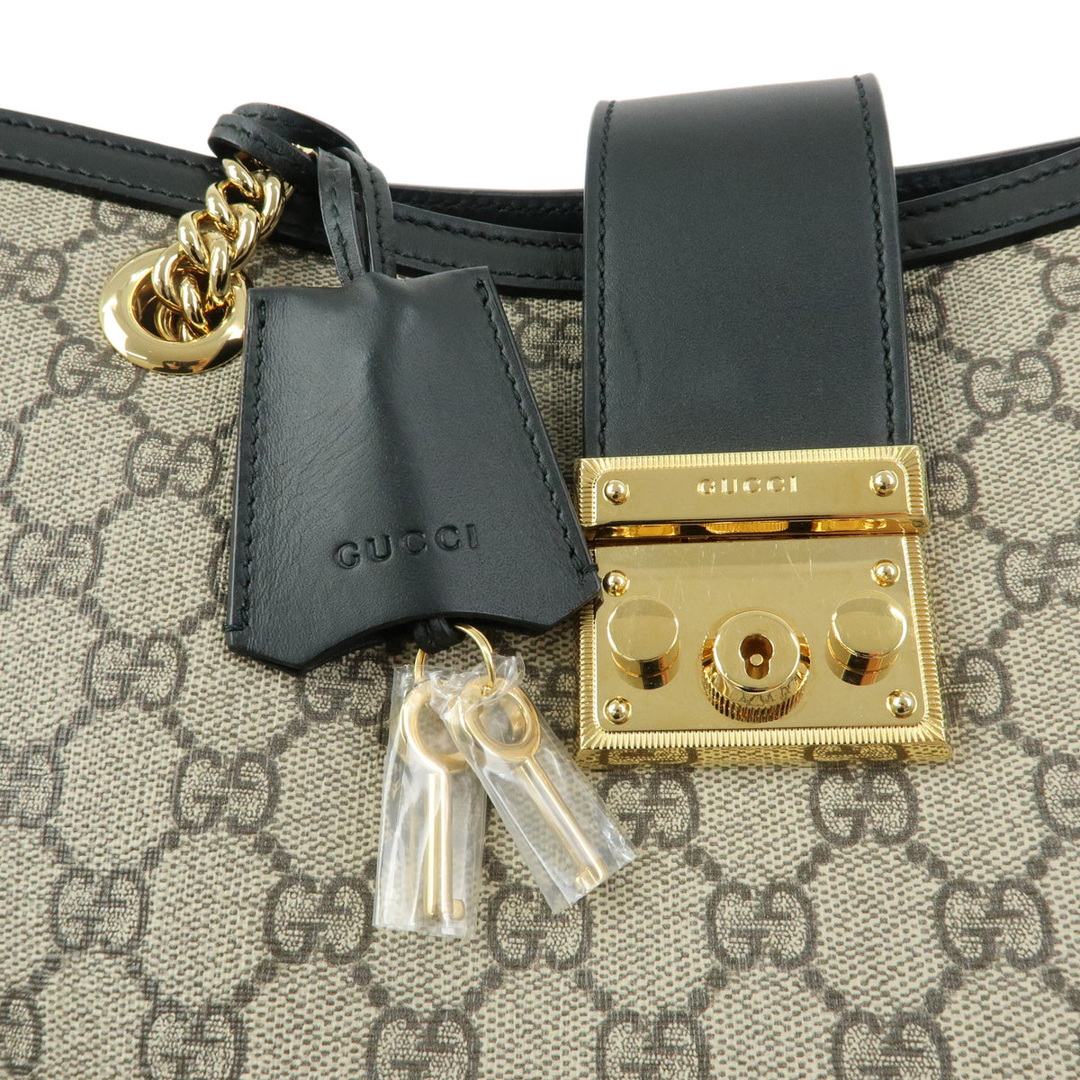 GUCCI Padlock GG Supreme Leather Chain Shoulder Bag Beige Black 479197