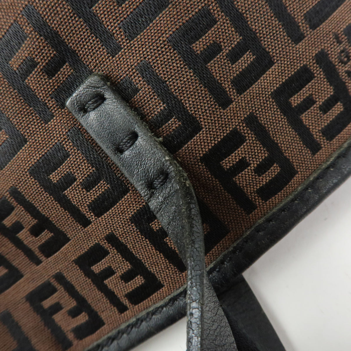 FENDI Zucchino Canvas Leather Tote Bag Hand Bag Brown Black 8BH075