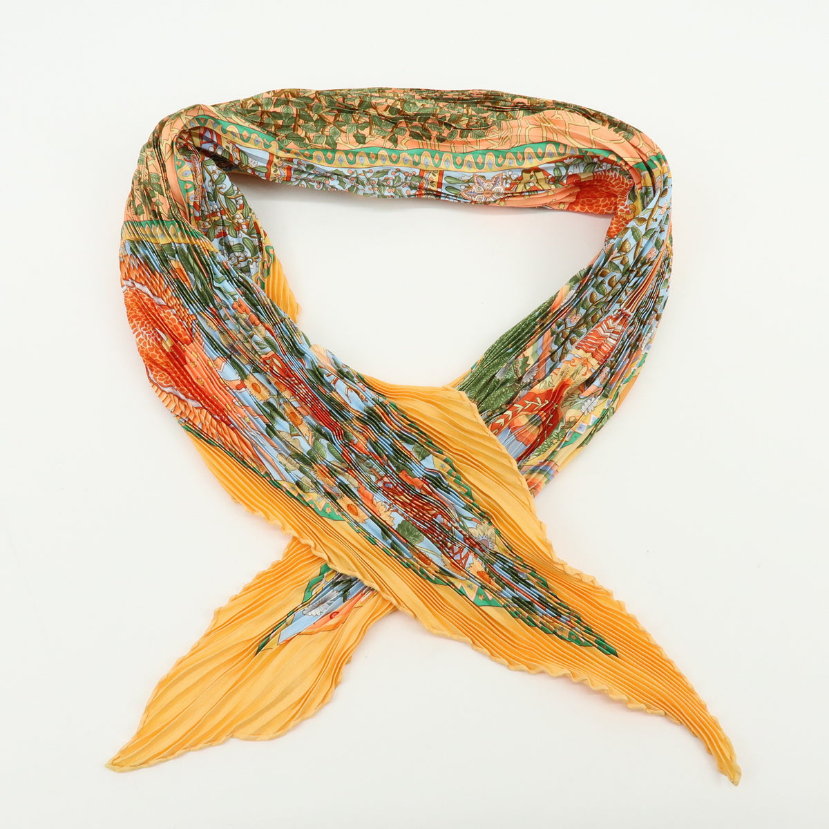 HERMES Pleated Carre Silk 100% Scarf AXIS MUNDI Orange