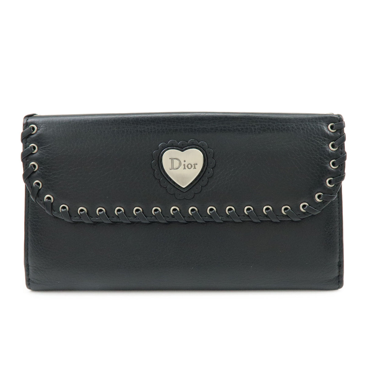 Christian Dior Heart Ethnic Line Leather Long Wallet Black