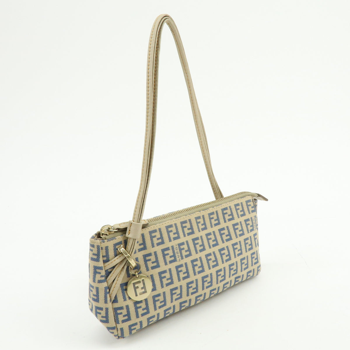FENDI Zucchino Canvas Leather Mini Hand Bag Pouch Beige 8BR513