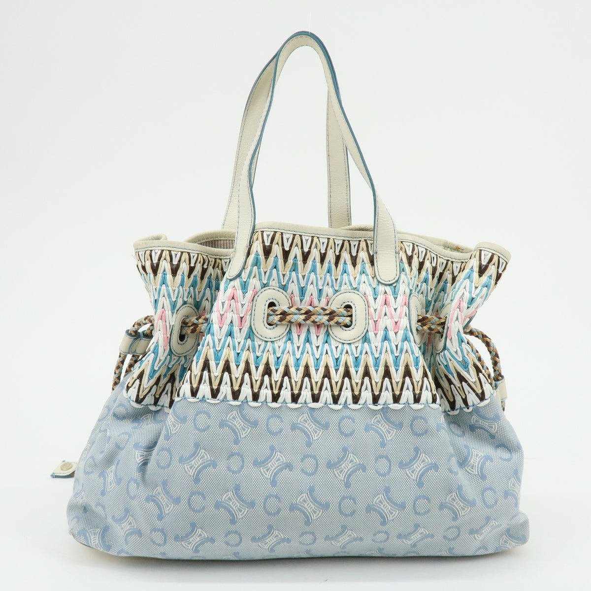 CELINE Macadam Canvas Leather Raffia Hand Bag Light Blue White