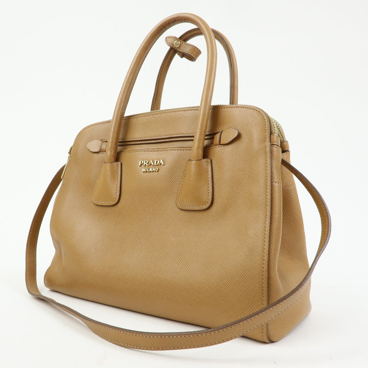 PRADA Logo Saffiano Leather 2Way Bag Hand Bag Shoulder Bag Camel BN2569