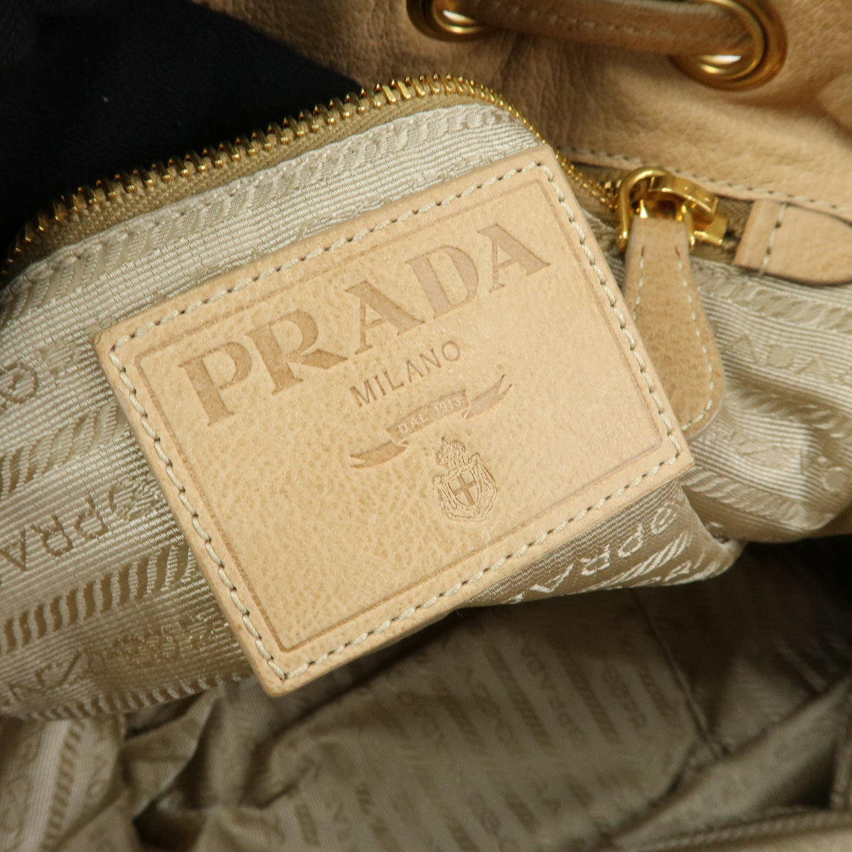 PRADA Triangle Logo Perforated Leather Tote Bag Tassel Beige BR3552