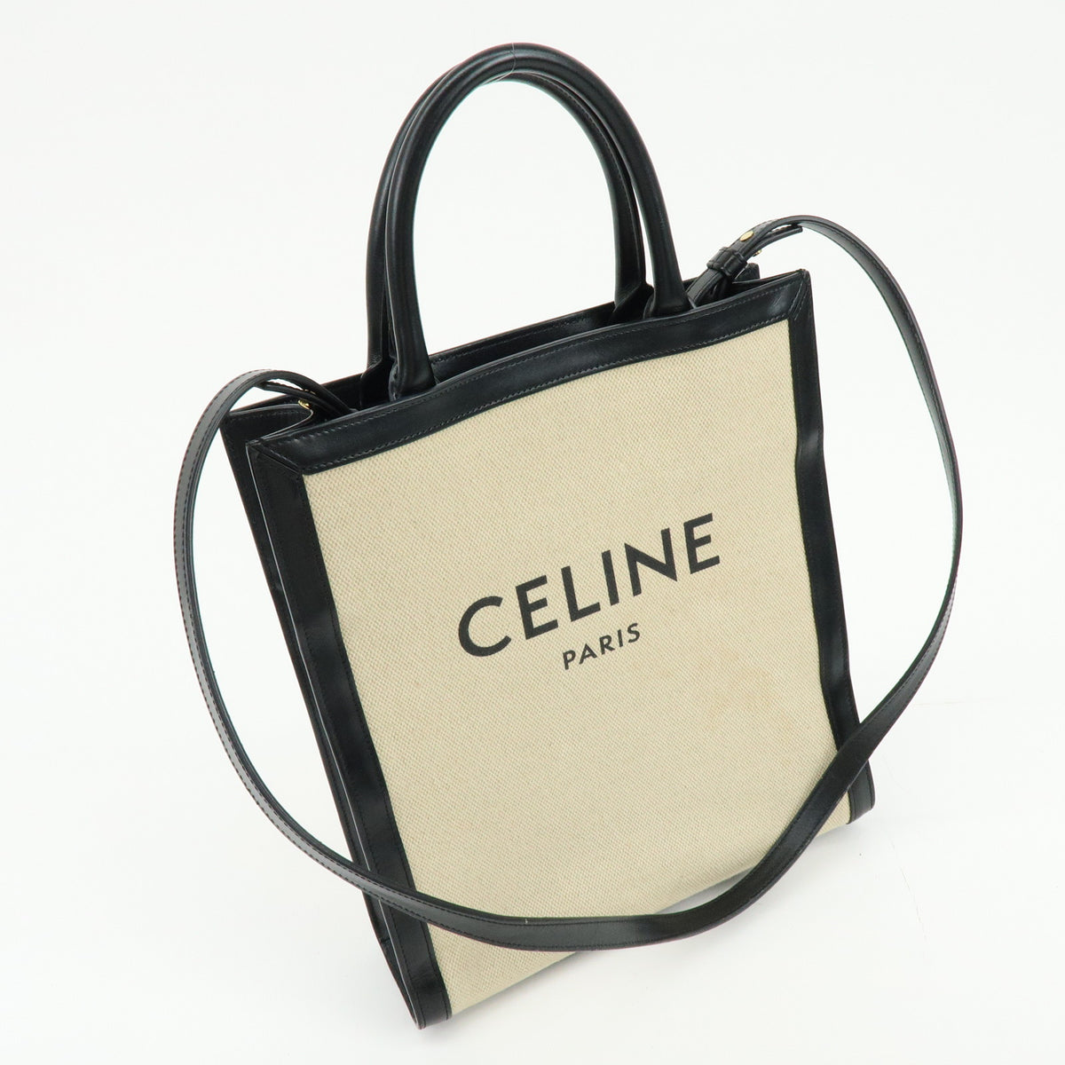 CELINE Small Verical Cabas Canvas Leather 2WAY Bag Tote Bag Beige Black