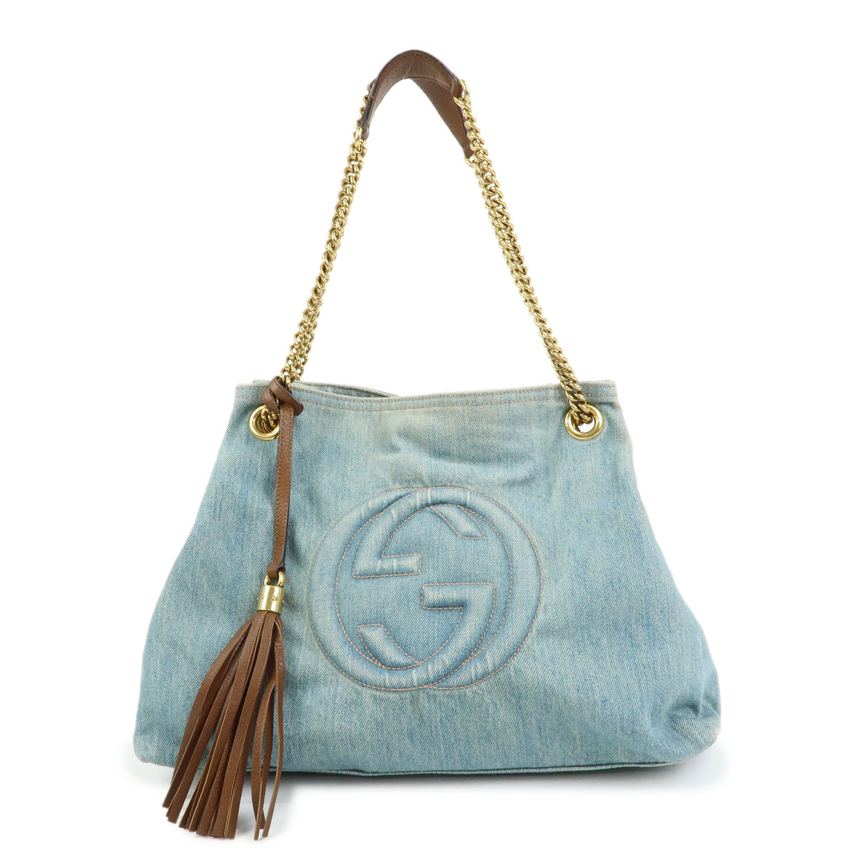 GUCCI SOHO Interlocking G Denim Leather Chain Shoulder Bag Blue 308982