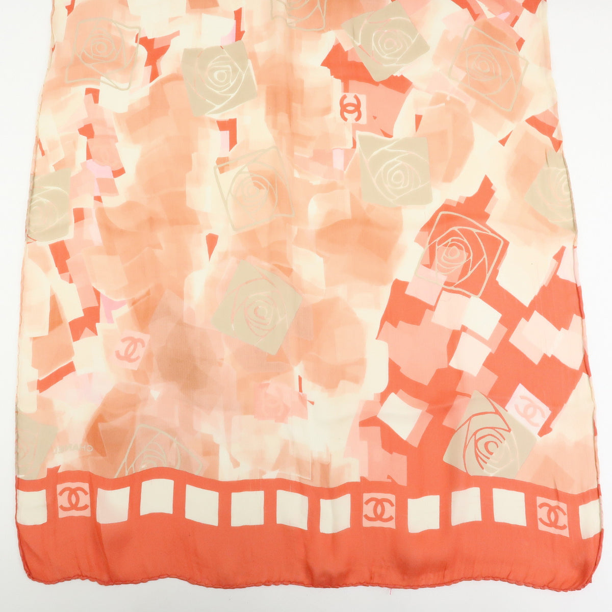CHANEL COCO Mark Silk 100% Scarf Pink Orange White