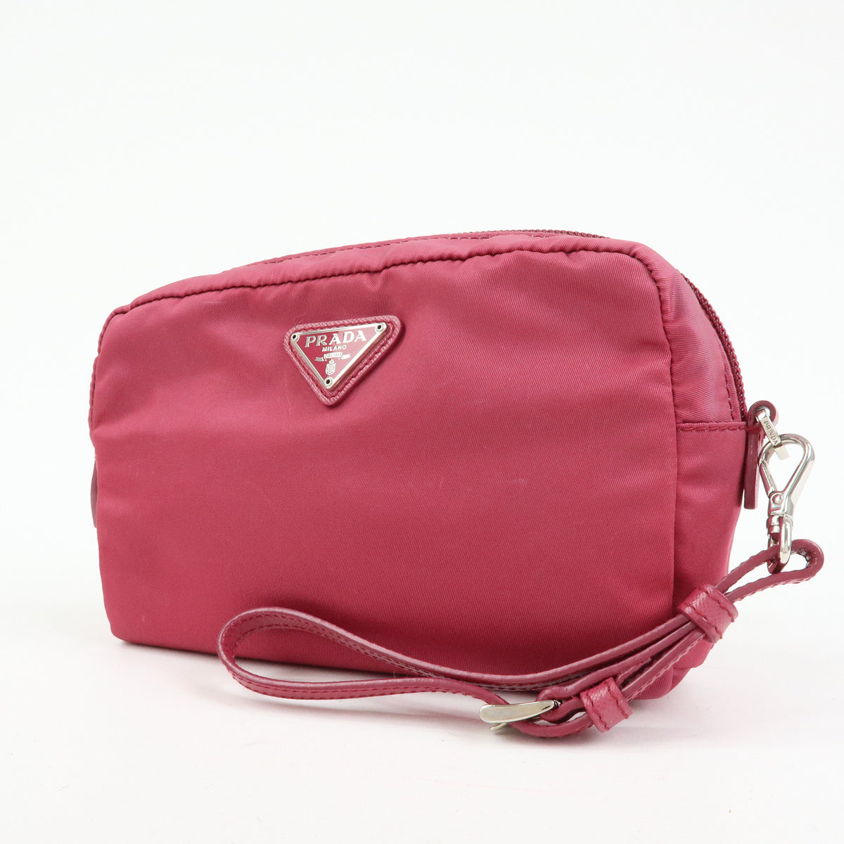PRADA Triangle Logo Nylon Saffiano Leather Cosmetic Pouch Pink 1N0340