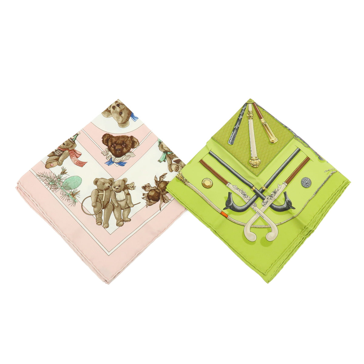 HERMES Carre 45 Lot of 2 Silk 100% Scarf Light Pink Light Green Brown