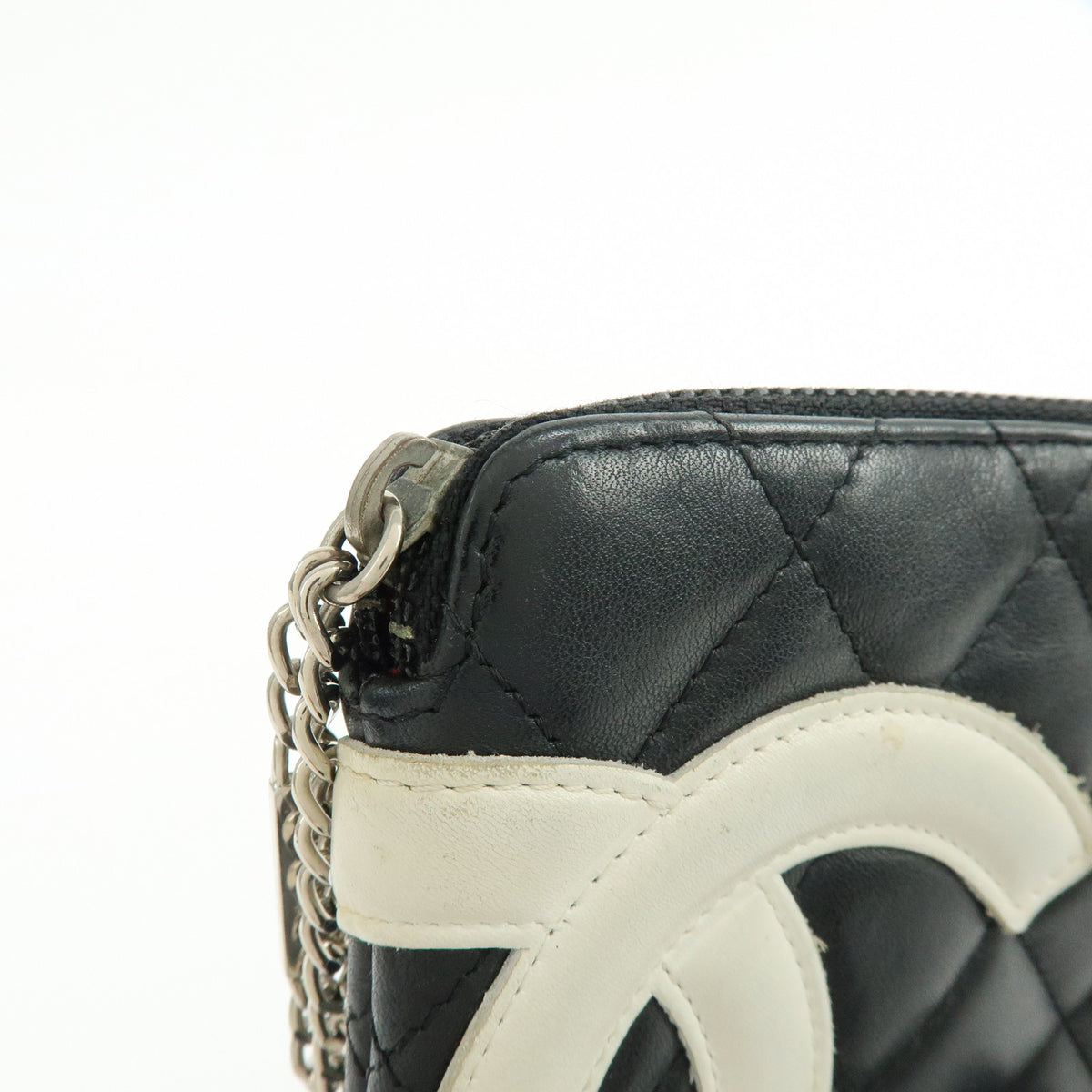 CHANEL Cambon Line COCO Mark Calf Skin Cosmetic Pouch Black White