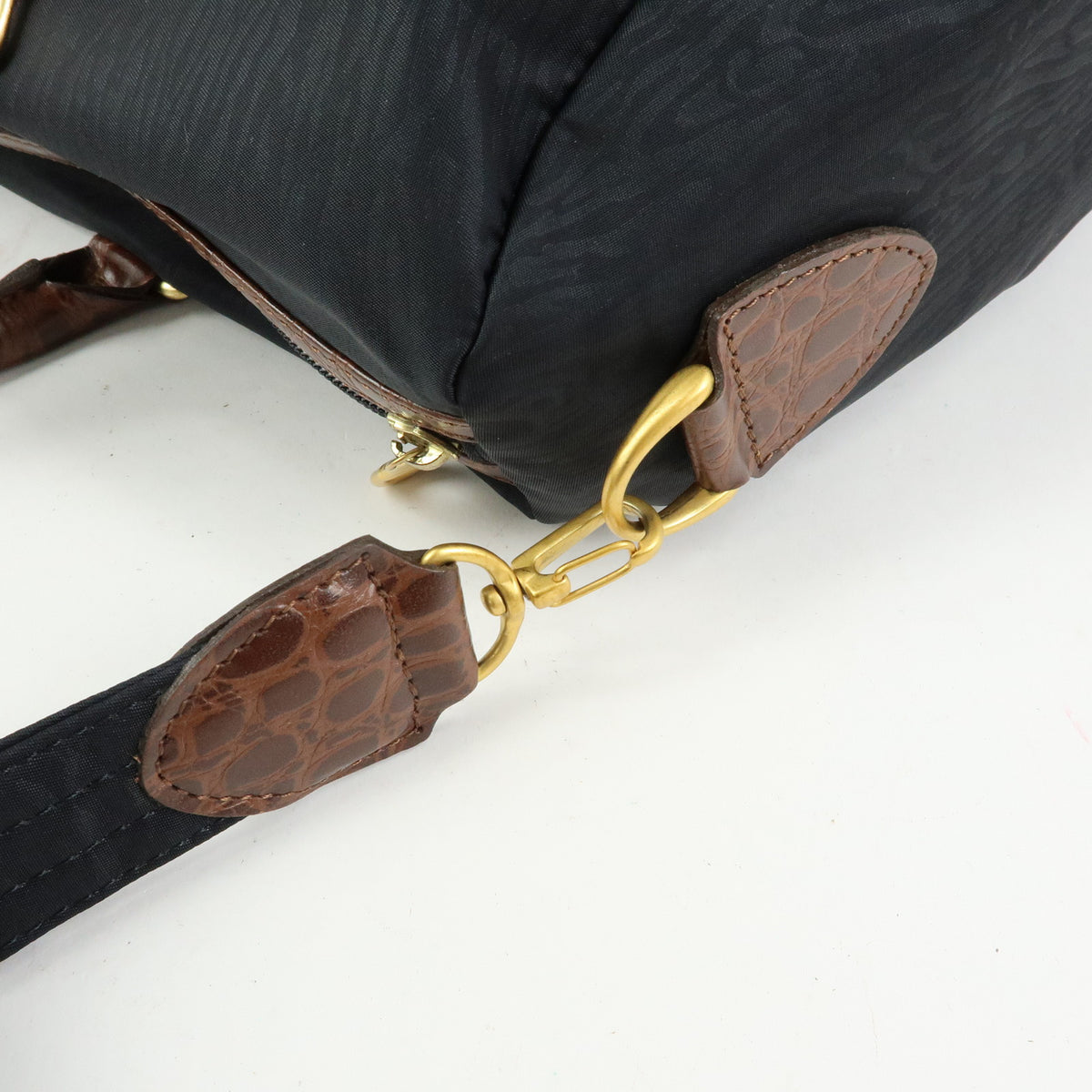 BALENCIAGA Nylon Embossed Leather Boston Bag Black Brown