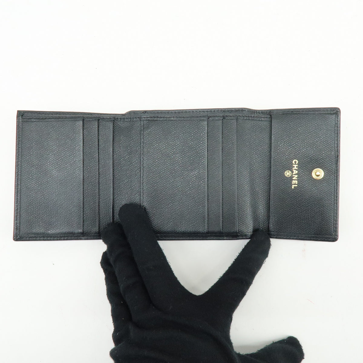 CHANEL COCO Button Calf Skin W Hook Compact Wallet Black A20902
